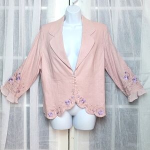 VTG Linen Blazer Sz M Floral Embroidered Scalloped Hem Pink Cottagecore Prairie